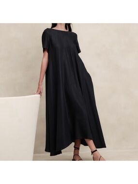 Banana Republic Aurelia Black Short-Sleeve Flowing Maxi Trapeze Linen Dress S